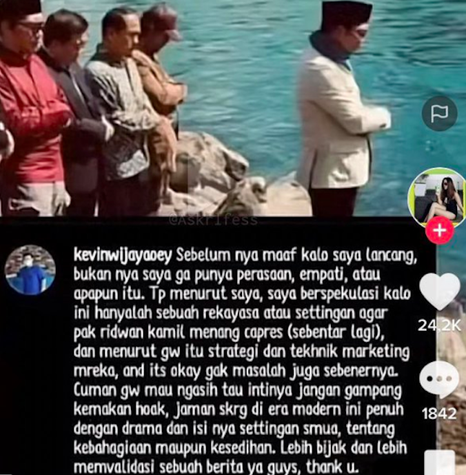 Tangkapan layar akun Instagram Kevin Wijaya Oey yang menyebut hilangnya Eril adalah settingan atau rekayasa Ridwan Kamil untuk pencalonan presiden.