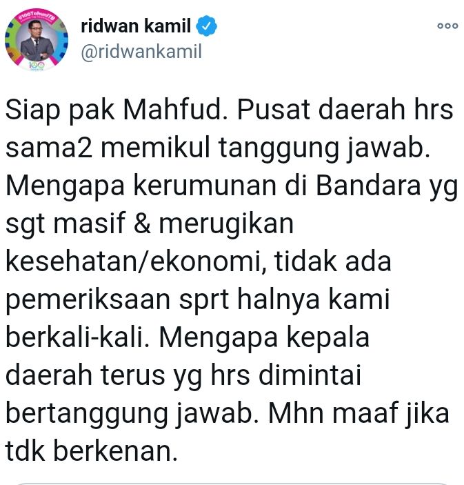 Tangkapan layar Twitter Ridwan Kamil mengenai respon pernyataannya Minta Mahfud MD tanggung jawab atas kerumunan HRS