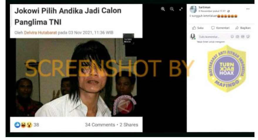 tangkapan layar status facebook yang mengklaim Jokowi pilih Andika Kangen Band sebagai Panglima TNI