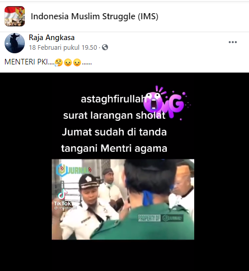 Tangkapan layar video beredar di Facebook terkait  Menteri Agama Tandatangani Surat Larangan Sholat Jumat