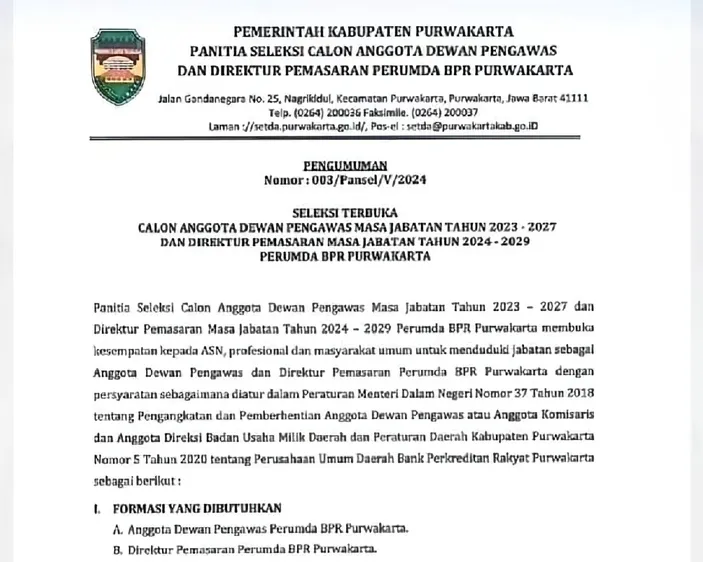 Pengumuman! Pemkab Purwakarta Buka Pendaftaran Seleksi Dewas Dan ...