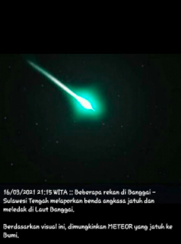 Tangkapan layar instastory warganet di Banggai, Sulawesi Tengah tentang penampakan benda angkasa yang diduga Lintang Kemukus atau meteor atau komet pada Selasa malam 16 Maret 2021.