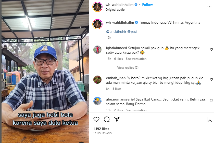 Wahidin Halim ungkap kekecewaan tidak dapat tiket indonesia Argentina di Instagram pribadinya