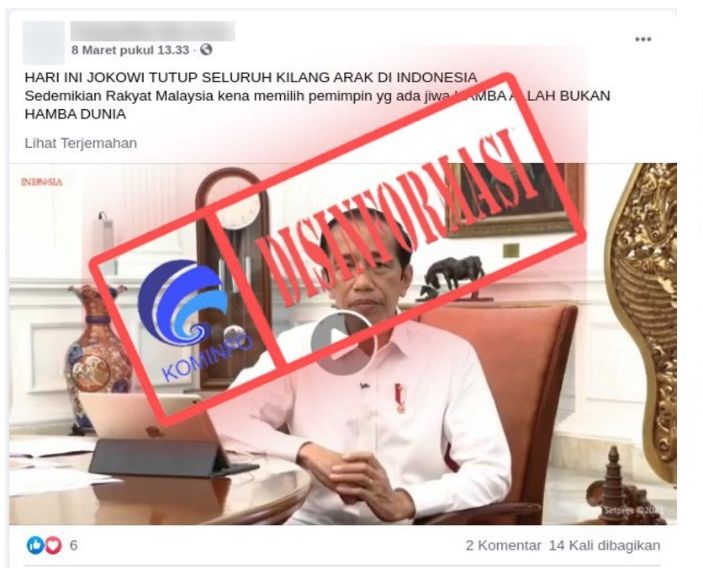 klaim yang mengatakan bahwa Presiden Jokowi menutup seluruh pabrik minuman keras di Indonesia adalah tidak benar atau hoaks atau hoaks