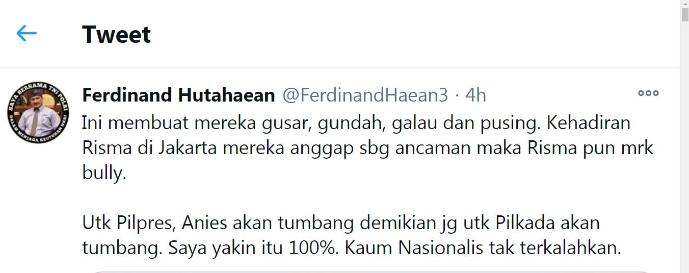 tangkapan layar Twitter Ferdinand Hutahaean./Twitter/@FerdinandHaean3.