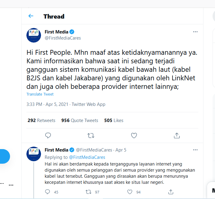Jaringan internet First Media sempat lumpuh gara-gara kendala kabel bawah laut