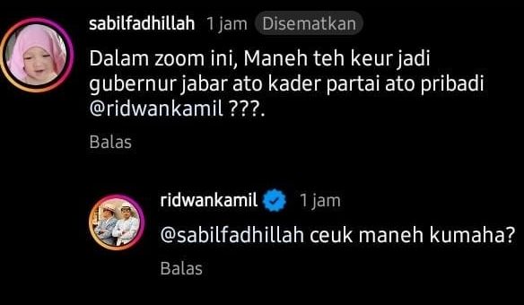 Komentar 'Maneh' di akun Instagram Gubernur Jawa Barat Ridwan Kamil yang berbuntut panjang.*