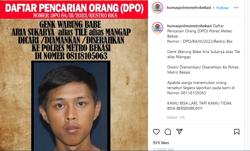 Unggahan Instagram Polres Metro Bekasi tentang tersangka DPO pembunuhan karyawati di Cikarang.