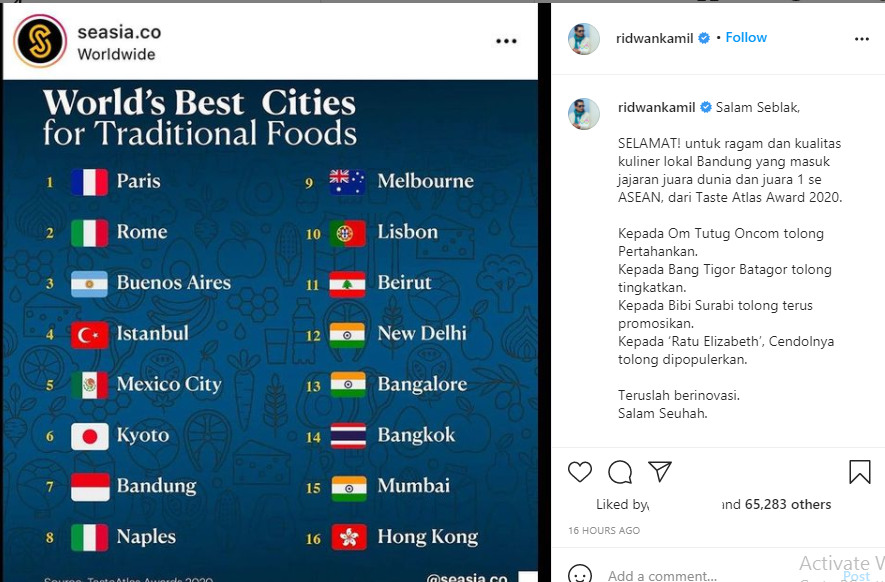 Ridwan Kamil mengungga daftar kota terbaik dengan makanan tradisional di dunia versi TasteAtlas. Bandung menempati posisi ke-7.