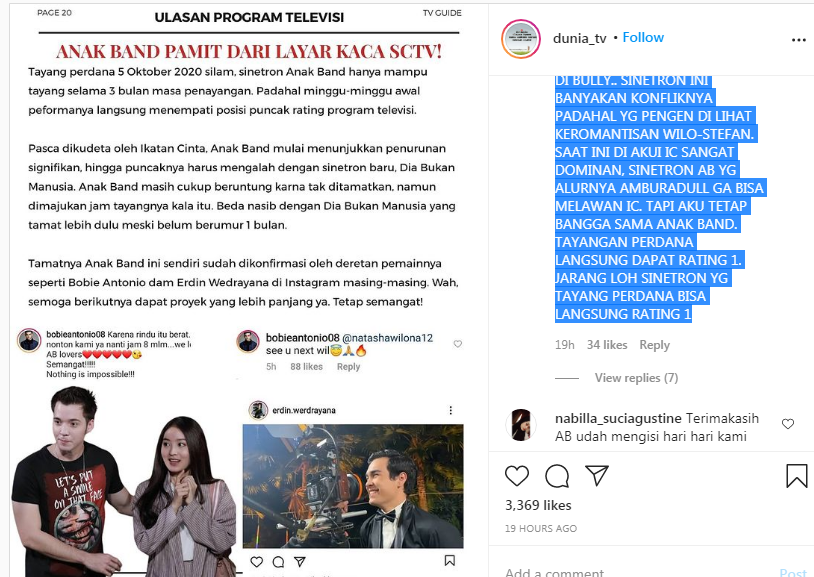 Unggahan di Instagram yang mengabarkan sinetron Anak Band tamat.