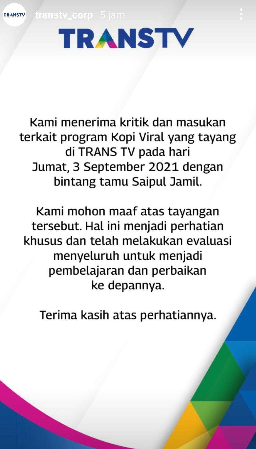 Tangakapan layar permohonan maaf Trans TV tentang hadirnya Saipul Jamil di acara Kopi Viral
