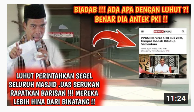 Thumbnail video yang mengatakan bahwa Luhut Binsar Pandjaitan perintahkan semua masjid wajib disegel