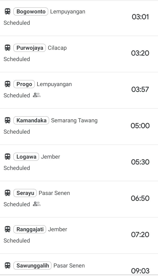 Jadwal kereta api dari Purwokerto menuju kota lain di Pulau Jawa