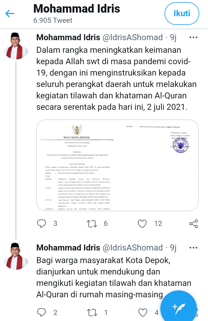 Tangkapan layar instruksi Walikota Depok Muhammad Idris untuk membaca Alquran selama pandemi berlangsung di Depok