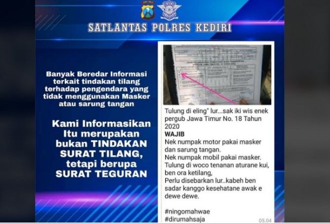 Tangkapan layar klarifikasi terkait surat teguran PSBB oleh Polres Kediri. (Facebook)