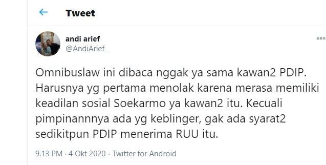 Tweet Andi Arief, politisi Partai Demokrat