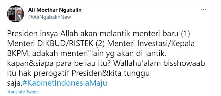 Cuitan Ali Ngabalin dari Kantor Staf Presiden (KSP) soal isu reshuffle kabinet Indonesia Maju yang dipimpin Presiden Jokowi.