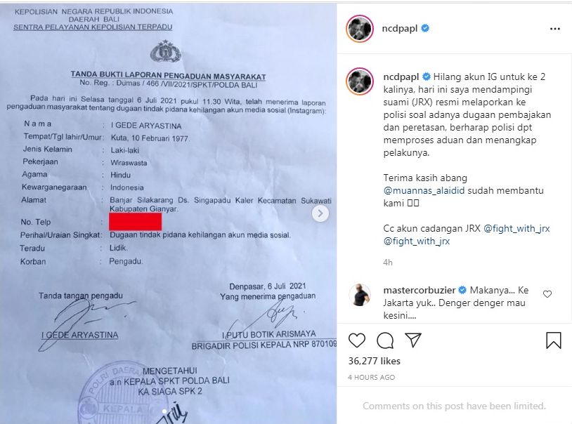Unggahan Nora Alexandra yang memposting laporan polisi Jerinx atas kehilangan akun Instagram-nya.