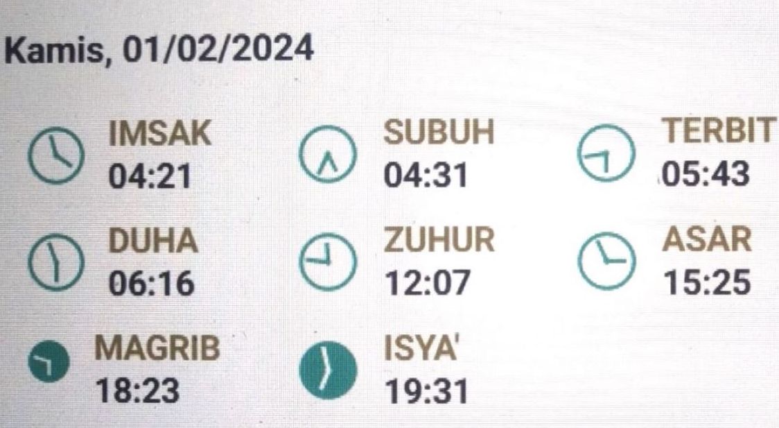 Jadwal sholat untuk Kota Bandung dan sekitarnya, 20 Rajab 1445 Hijriah/1 Februari 2024 Masehi.