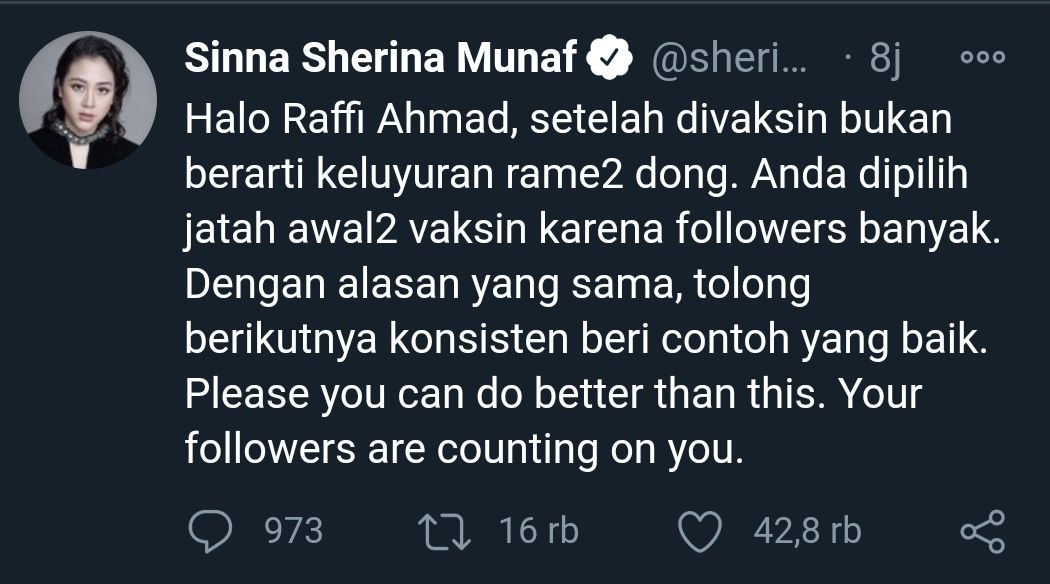 Tangkapan layar Twitter Sherina yang mengkritik Raffi Ahmad