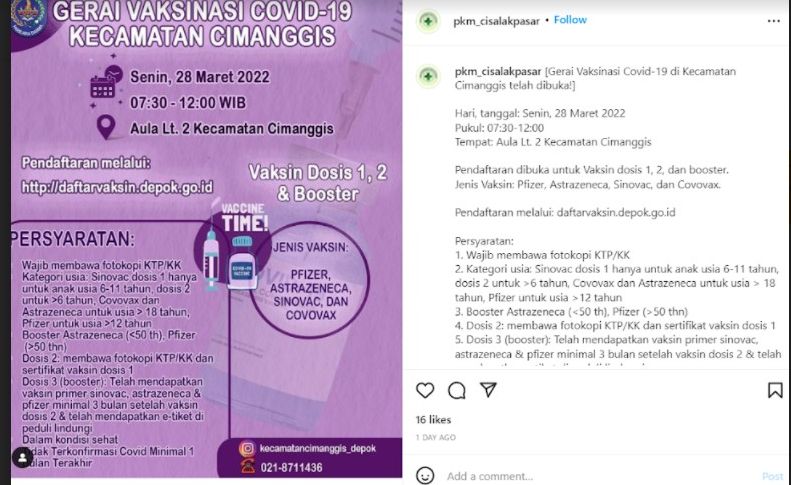 Tangkapan layar info vaksin Depok  Instagram @pkm_cisalakpasar.