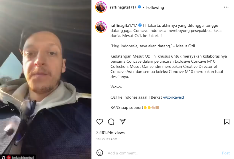 Mesut Ozil dalam unggahan video Instagram Raffi Ahmad dan Nagita Slavina.