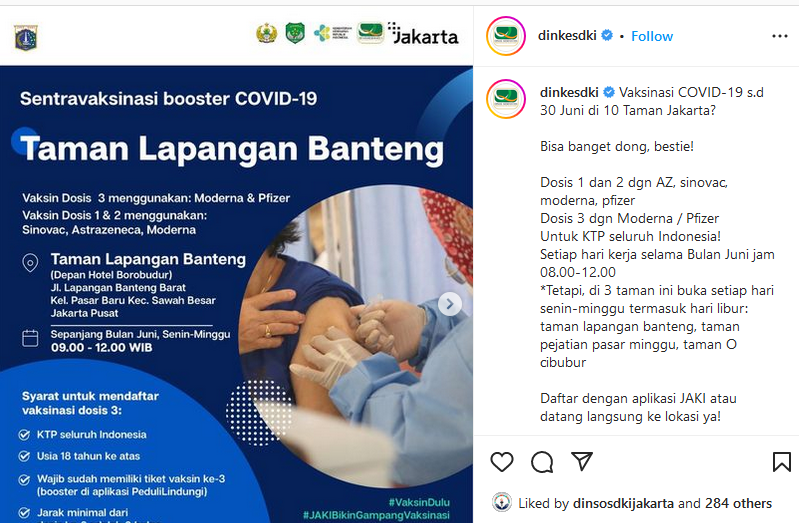 Unggahan Dinkes DKI Jakarta tentang jadwal vaksinasi booster Juni 2022.