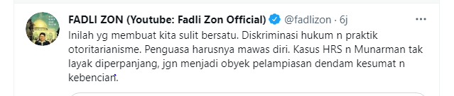  Fadli Zon: Kasus HRS Tak Layak Diperpanjang, Jangan Jadi Objek Pelampiasan Dendam./ Twitter @fadlizon