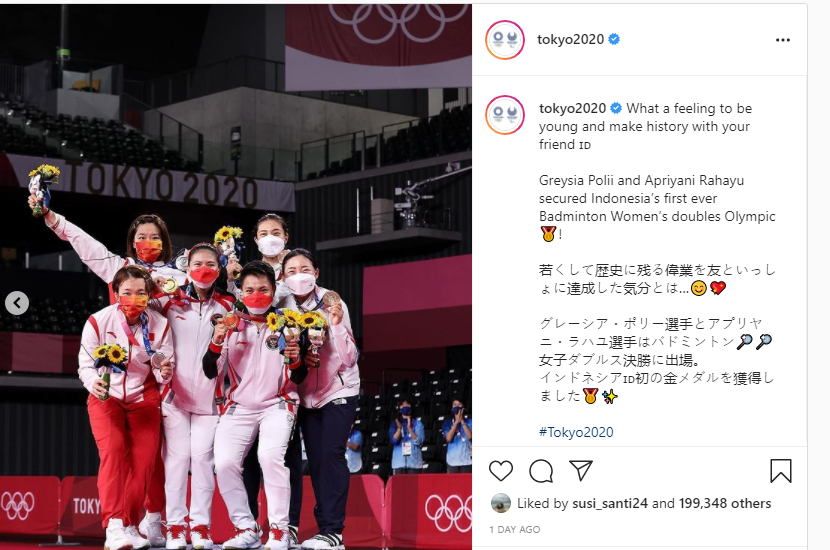 Momen saat tim bulutangkis Indonesia rayakan kemenangan diunggah oleh akun instagram resmi Olimpiade Tokyo