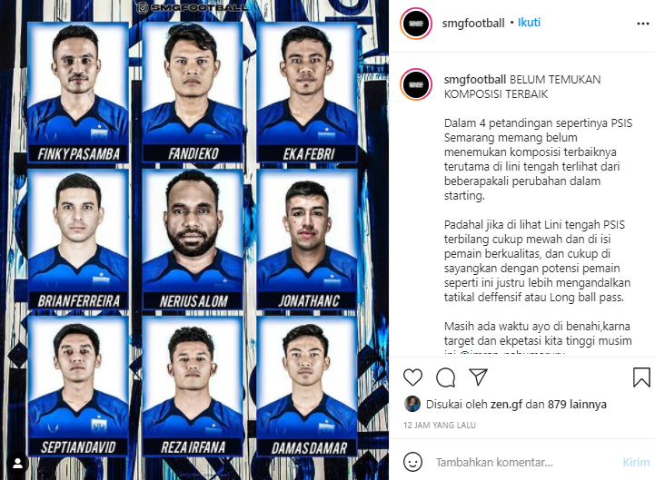 Unggahan akun Instagram @smgfootbal yang menyebut bahwa PSIS Semarang belum menemukan komposisi pemain terbaik