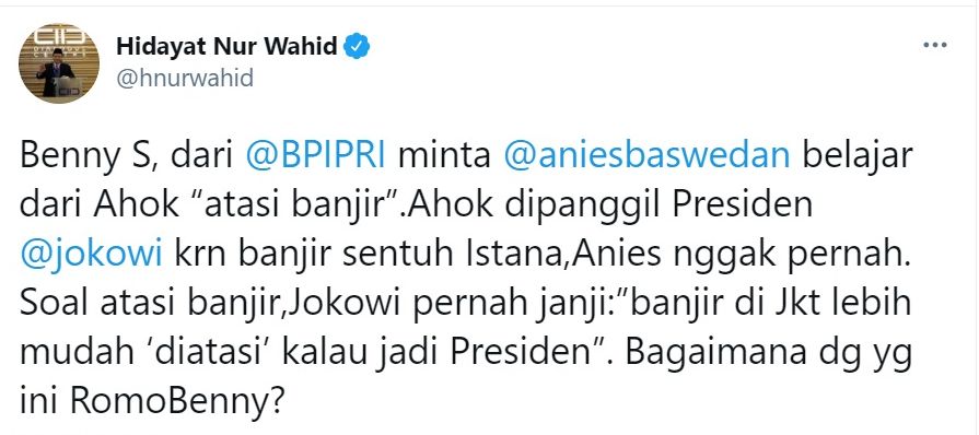 Cuitan akun Twitter Hidayat Nur Wahid, Selasa 23 Februari 2021.