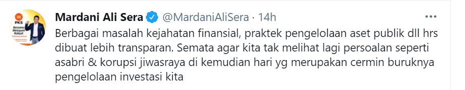 Anggota Komisi II DPR RI Fraksi PKS Mardani Ali Sera meminta praktik pengelolaan aset publik dibuat lebih transparan agar kasus seperti Jiwasraya dan Asabri tak terulang.*