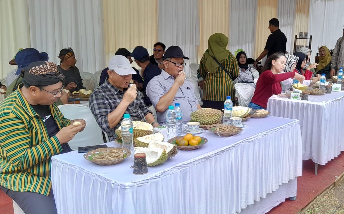 Pj Bupati Banjarnegara Tri Harso Widirahmanto SH saat menimati durian lokal Banjarnegara saat event Durian Tiban Banjarngara, Minggu 10 Desember 2023