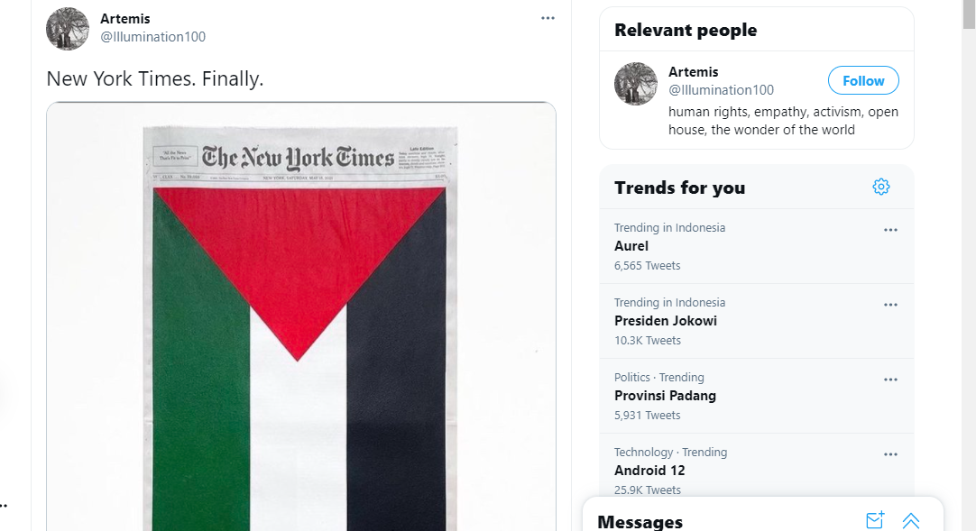 Cuitan soal media AS, New York Times membentangkan bendera Palestina.