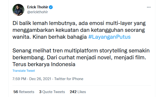 Cuitan Erick Thohir tentang serial Layangan Putus.