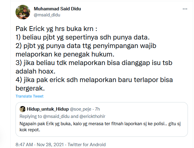 Unggahan Said Didu tentang Erick Thohir dan dugaan jual-beli jabatan di BUMN.