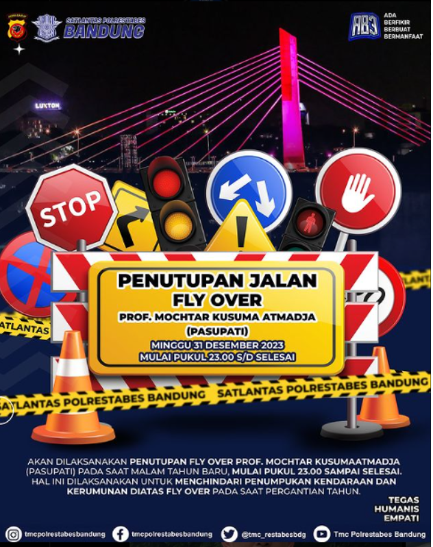 Satlantas Polrestabes Bandung pastikan jembatan Pasupati akan ditutup sementara selama malam Tahun Baru 2024.