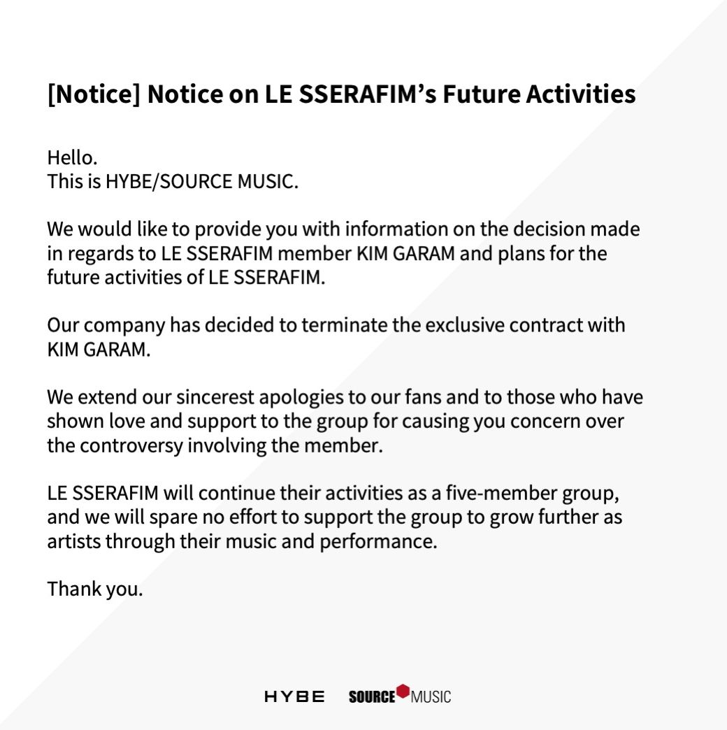 Pengumuman dari HYBE/Source Music terkait pemutusan kontrak Kim Garam.