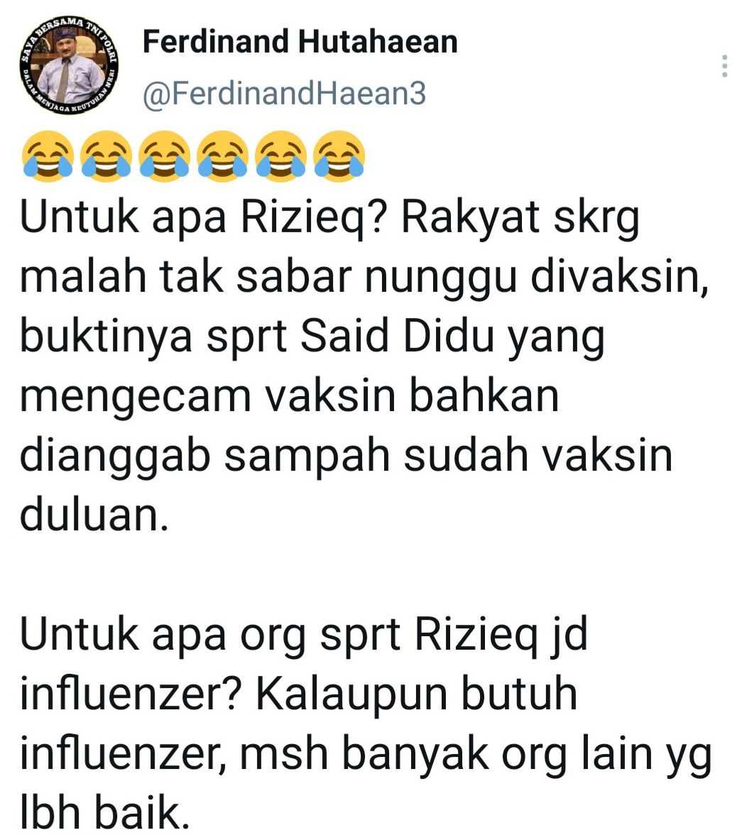 Cuitan Ferdinand Hutahaean yang respons soal kabar Habib Rizieq disarankan jadi influencer vaksin Covid-19.