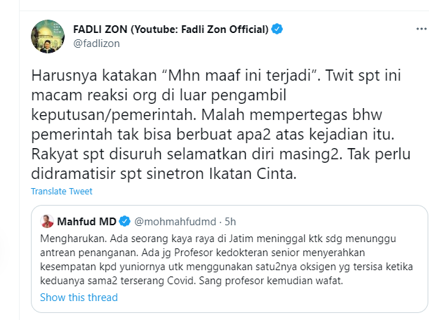 Mahfud MD berbagi cerita mengharukan pasien Covid-19 yang rela memberikan oksigen ke pasien lain dan menarik perhatian Fadli Zon.