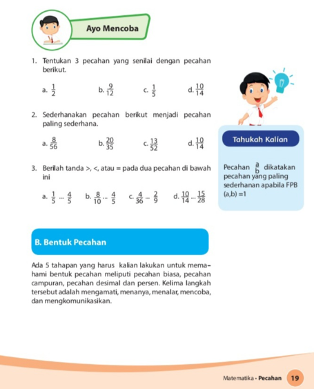 Kunci Jawaban Matematika Kelas 4 SD MI Halaman 19: Menentukan Pecahan Senilai dan Menyederhanakan Pecahan Berikut