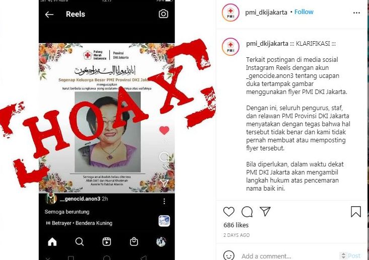 [Hoax] Megawati Soekarnoputri Meninggal Dunia, PMI Provinsi DKI Jakarta Ucapkan Belasungkawa