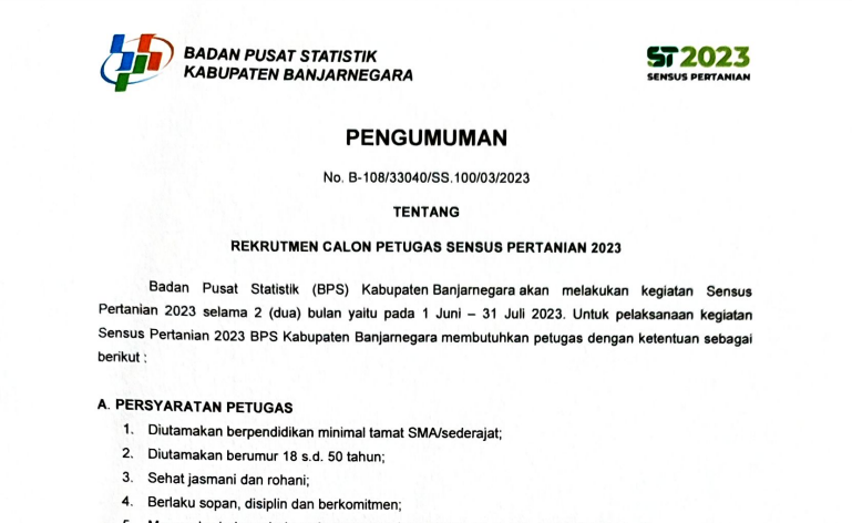 BPS Banjarnegara Buka Pendaftaran Calon Petugas Sensus Pertanian Tahun 2023, 14 hingga 17 Maret 2023