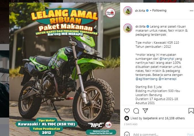 Dr Tirta Lelang Motor Kawasaki KSR 110 untuk Donasi 'Ribuan Amal': Rp120 Juta Sudah Diterima dan Masuk