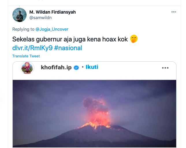 Tangkapan layar netizen membully Gubernur Jawa Timur Khofifah Indarparawansa yang sempat menggungah video hoax erupsi dahsyat Gunung Semeru.*