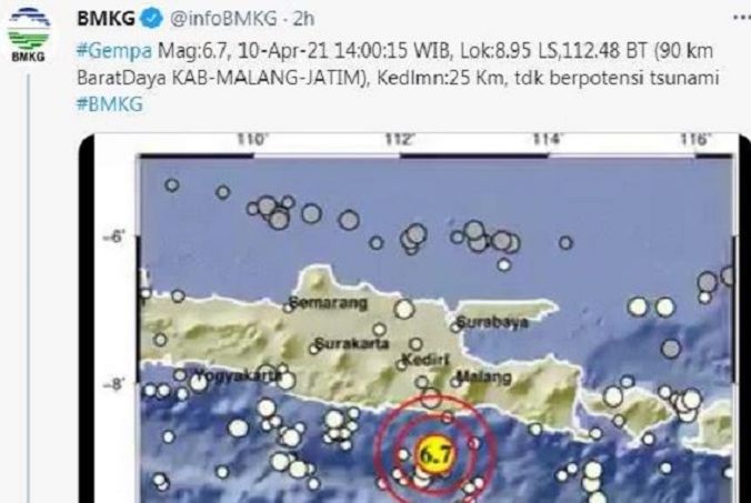 Foto Tangkap layar informasi gempa pada Twitter @infoBMKG
