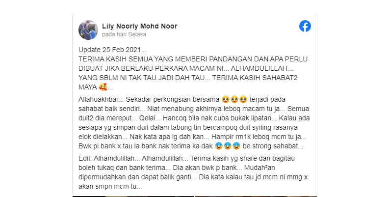 Unggahan facebook Lily Noorly Mohd Noor.