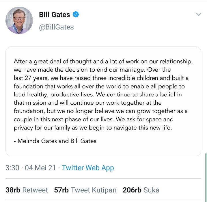 Tangkap layar cuitan Twitter Bill Gates umumkan perceraian dengan Melinda Gates.