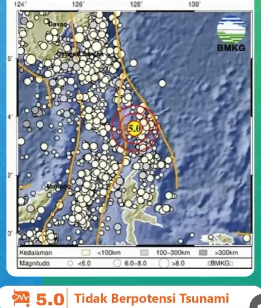 Peta pusat gempa bumi tektonik magnitudo 5.0 yang melanda Kepulauan Doi Maluku Utara, Jumat 30 Juni 2023.