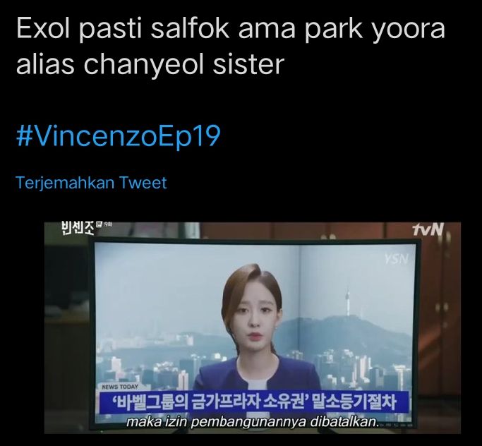 /Tangkaplayar cuitan netizen soal Park Yoora sebagai cameo news anchor dalam drama Vincenzo episode 19